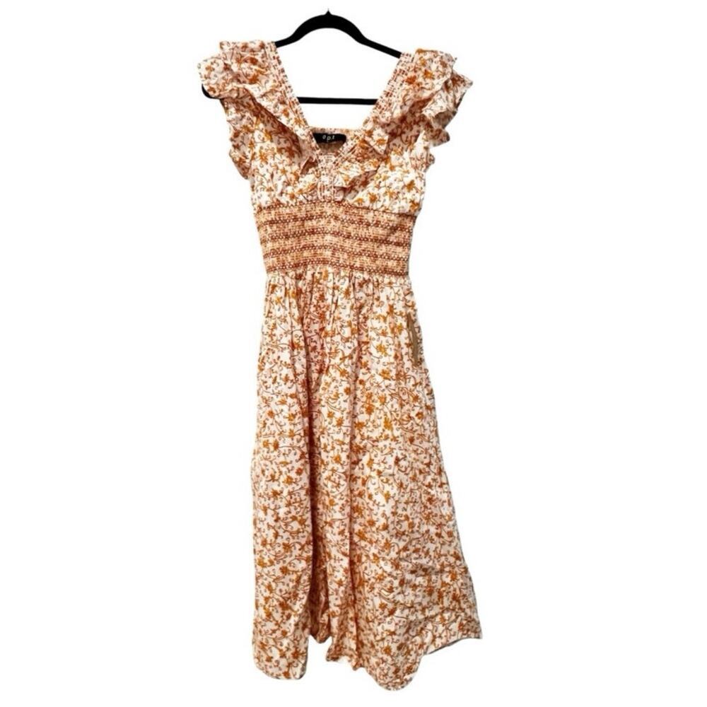 O.P.T Smocked Waist Ruffle Scilla Midi Dress Orange Floral Size Small NWOT - Picture 13 of 13